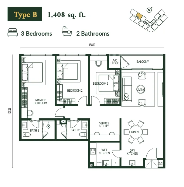 Park Green Type B floor plan, 3 bedroom 1408 sqft
