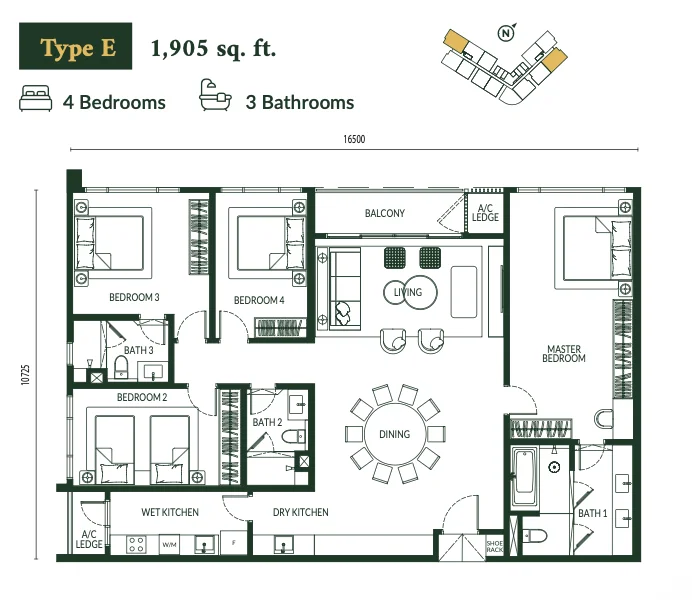 Park Green Type E floor plan, 4 bedroom 1905 sqft